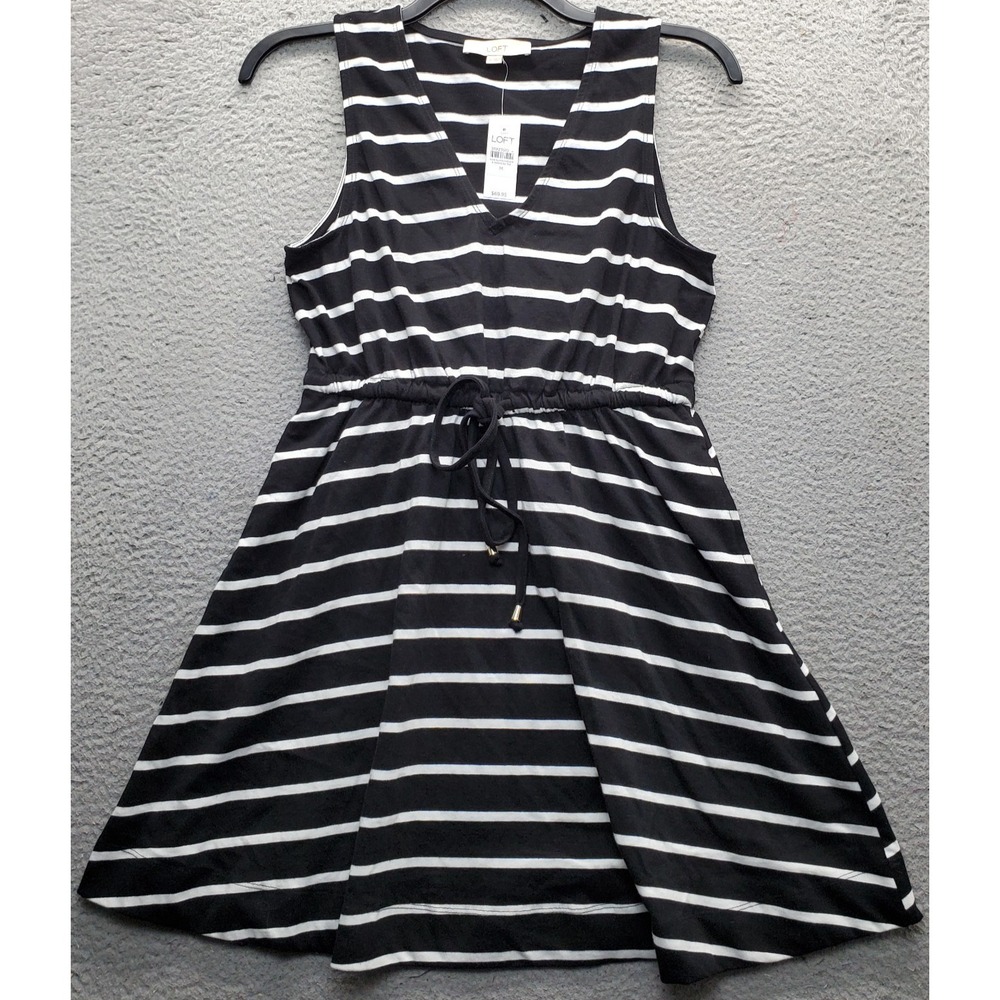 LOFT Midi Dress Womens Medium Multi Striped Sleeveless V-Neck Drawstring Waist